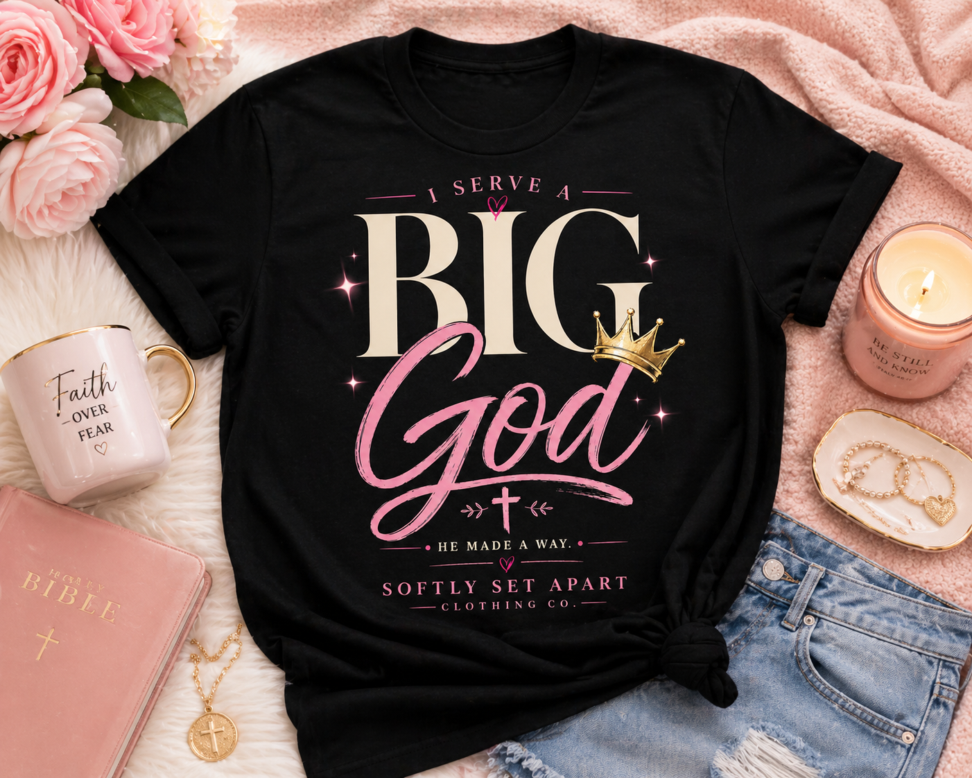 I Serve a Big God Black Tee – Faith Statement Shirt for Women